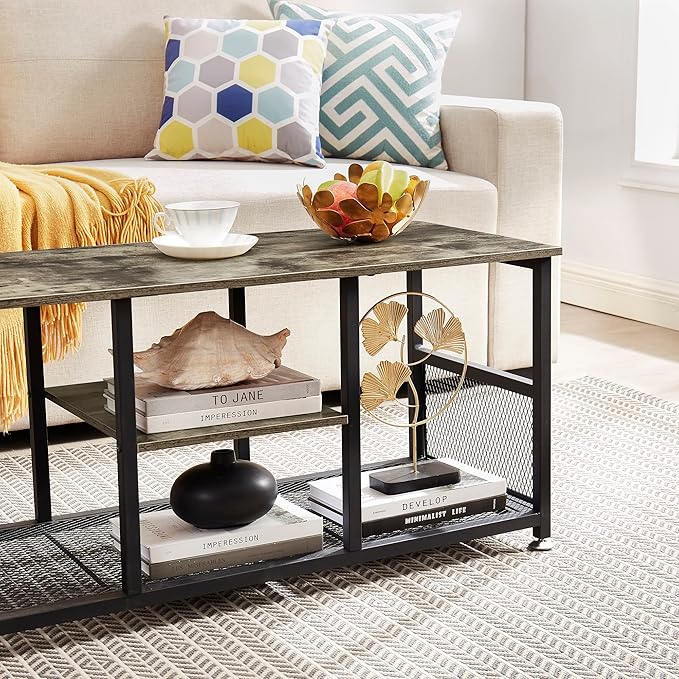 VECELO TV Stand Up to 50 Inches, 39 Inch Industrial Entertainment Center Media Console with Open Storage Shelves, Wooden Coffee Table with Metal Frame, Grey