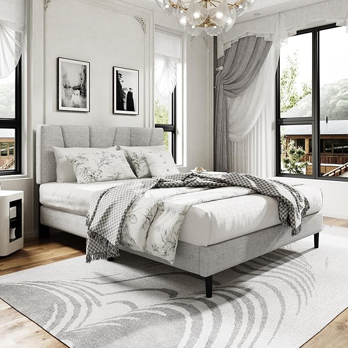 Queen Size Platform Bed Frame with Upholstered Headboard, Wooden Slats Support, Noise Free, No Box Spring Needed, Easy Assembly, Light Grey, Linen