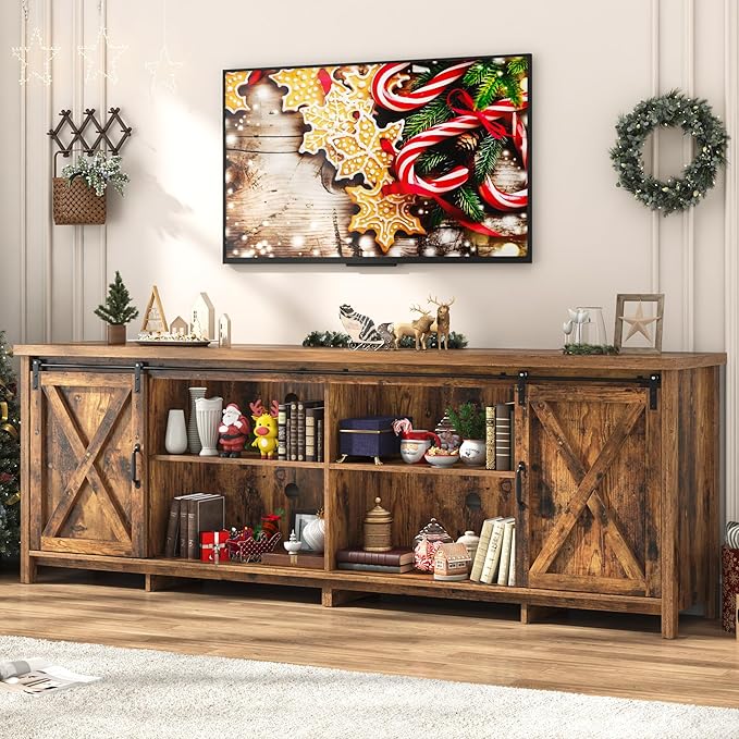 Farmhouse TV Stand for 90 Inch TV with Sliding Barn Door, Rustic Wood Entertainment Center Large Media Console Cabinet Long Television Stands,Console Table and Media Furniture for Living Room(Brown)