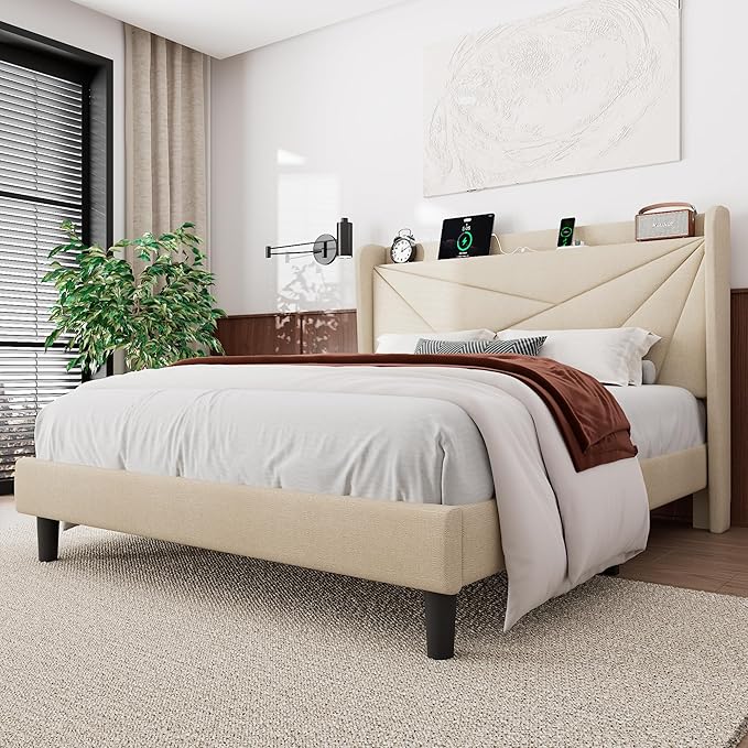 Feonase Full Bed Frame with Charging Station, Linen Upholstered Platform Bedframe with Wingback Headboard, Solid Wood Slats Support, Noise Free, No Box Spring Needed, Beige