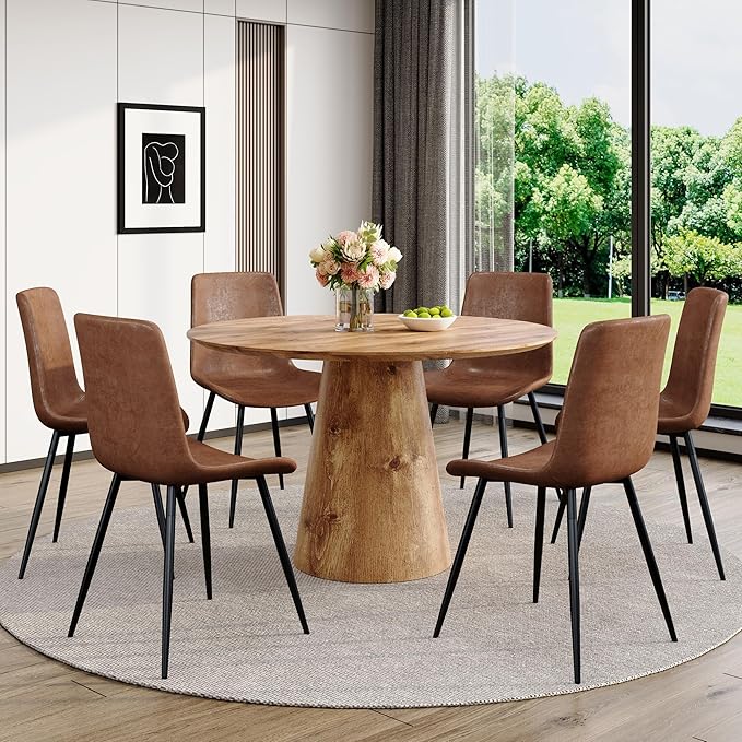 Round Dining Table Set for 6,45'' Farmhouse Dining Room Table Set for 6 with Suede Chairs,1" Thick Wood Pattern Tabletop with Conical Base,7 Pieces Kitchen Table Set for Dining Room,Apartment