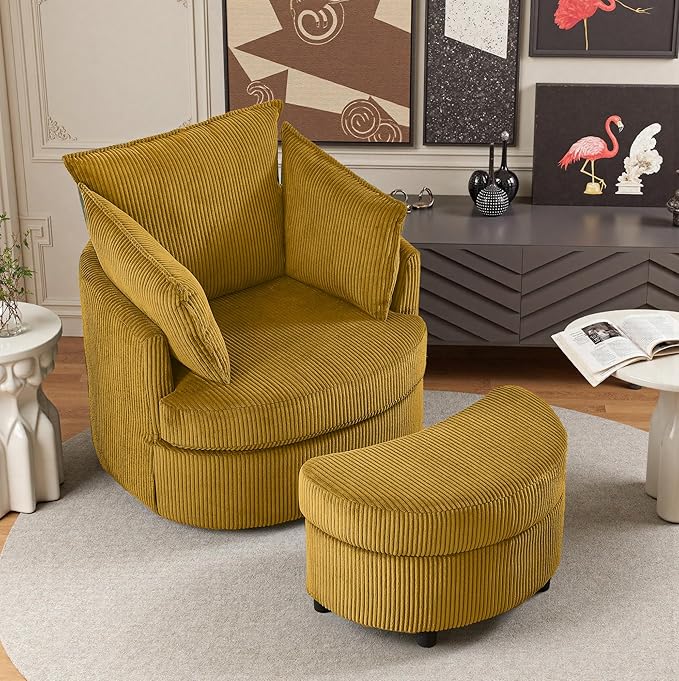 Swivel Accent Chair with Ottoman Comfy Reading Chairs for Bedroom Modern Corduroy Arm Chair 360°Swivel Barrel Chairs for Living Room,Apartment (Yellow, 2)