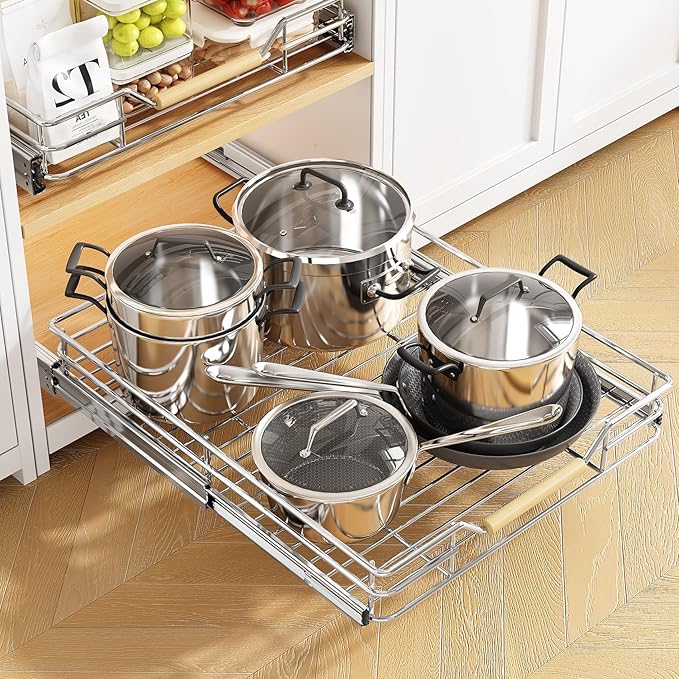Pull out Cabinet Organizer,Heavy Duty Smooth Sliding Under Cabinet Shelves for Pots and Pans,Roll out Drawers with Thickened Chrome Plating,Slide out Drawers for Home Kitchen Pantry(15"W X 21"D)