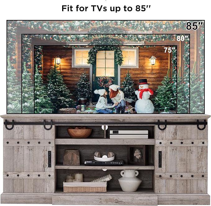 OKD 75" Farmhouse TV Stand for TVs Up to 85 Inches, Large Rustic Entertainment Center with Sliding Barn Door, Tall Highboy Media Console Table with Storage Cabinet for Living Room, Light Rustic Oak