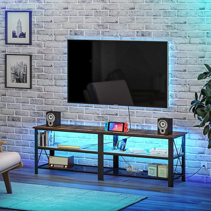 Clikuutory Modern Brown 63 inch Metal TV Stand with LED Lights and Power Outlets for 40 50 55 60 65 70 Inch TVs, 3 Tier Television Stands with Entertainment Center and Storage for Living Room, Bedroom