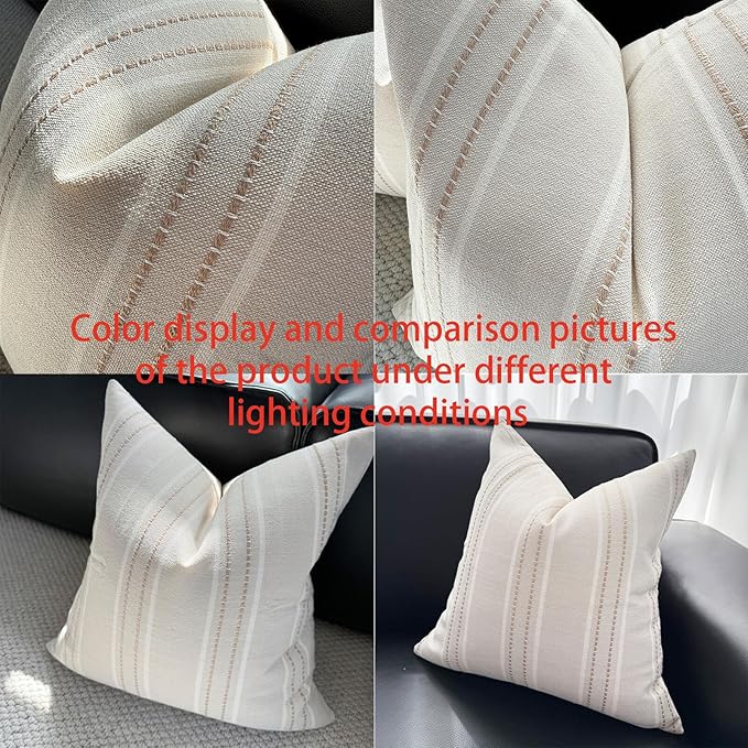 Hckot Hand Made Decorative Khaki Pillow Covers 18x18 Striped Throw Pillows Textured Linen Pillow Covers Farmhouse Decor Cushion Covers for Couch Bed Living Room, Khaki