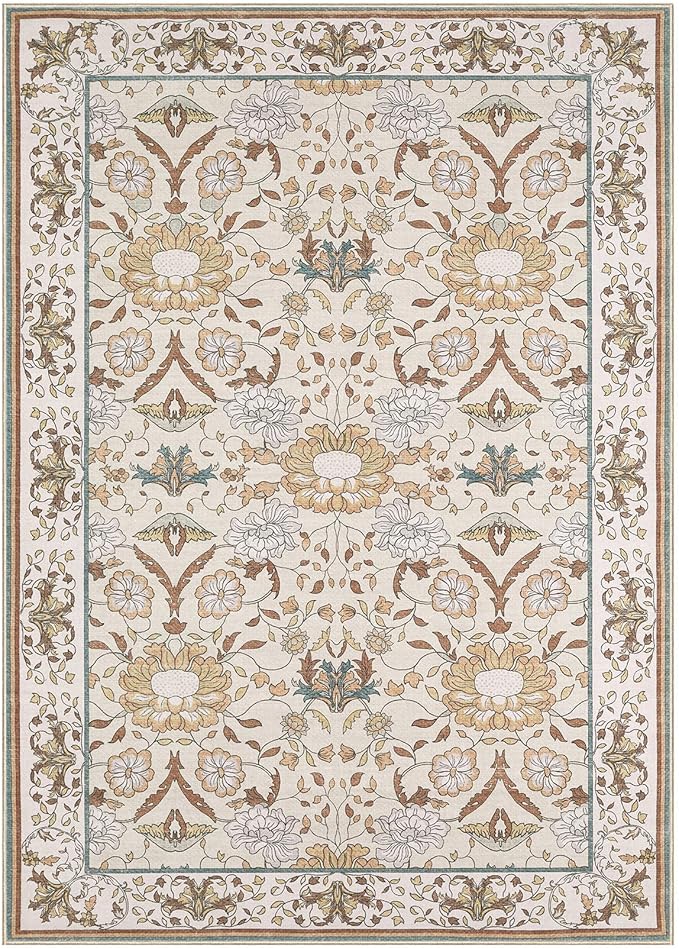 Nursery Rug 10x14 for Kids & Girls - Washable Vintage Large Floral Area Rugs - Ultra Thin Stain Resistant Non Slip Carpets for Kids Playroom, Living Room, Bedroom, Dining Room, Office - Floral