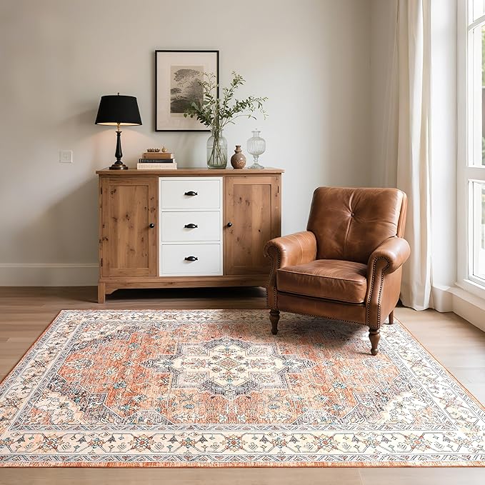 Living Room Rug 6x9 Rug, Machine Washable Area Rug Non Slip Low Pile Vintage Rug for Living Room, Bedroom, Farmhouse, Dining Room, Kids Playroom, Orange