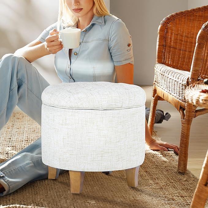 HomePop Home Decor | Upholstered Round Tufted Foot Rest Ottoman | Ottoman with Storage for Living Room & Bedroom | Decorative Home Furniture, Cream Textured Solid