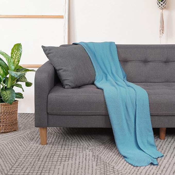 PiccoCasa 100% Cotton Knit Throw Blanket,Solid Lightweight Decorative Throws and Blankets,Soft Knitted Throw Blanket for Sofa Couch, Horizon Blue 50" x 60"