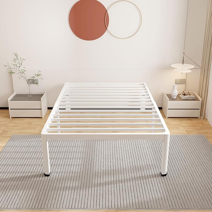 ROIL 14 Inch White Twin Size Bed Frame with Rounded Corner and Headboard Hole Mattress Retainers 3500LBS Heavy Duty Steel Slats No Box Spring Needed Platform Noise-Free Easy Assembly