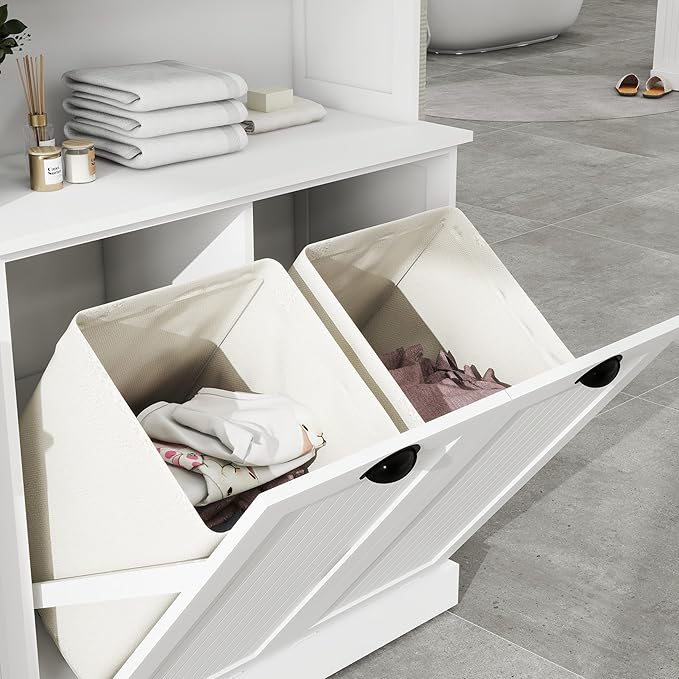 Tall Bathroom Laundry Cabinet with Tilt Out Laundry Hamper, Laundry Room Storage Cabinet with Two Glass Doors, Display Shelves, White (32.68" W x 14.57" D x 59.69" H)