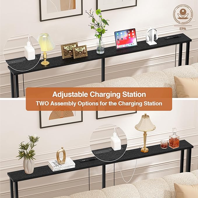 70" Narrow Console Sofa Table - 2 Power Outlets & 4 USB Ports, Metal Frame, Black, Perfect for Hallway, Office, and Behind Sofa - Easy Assembly, 4.9' Extension Cord Included