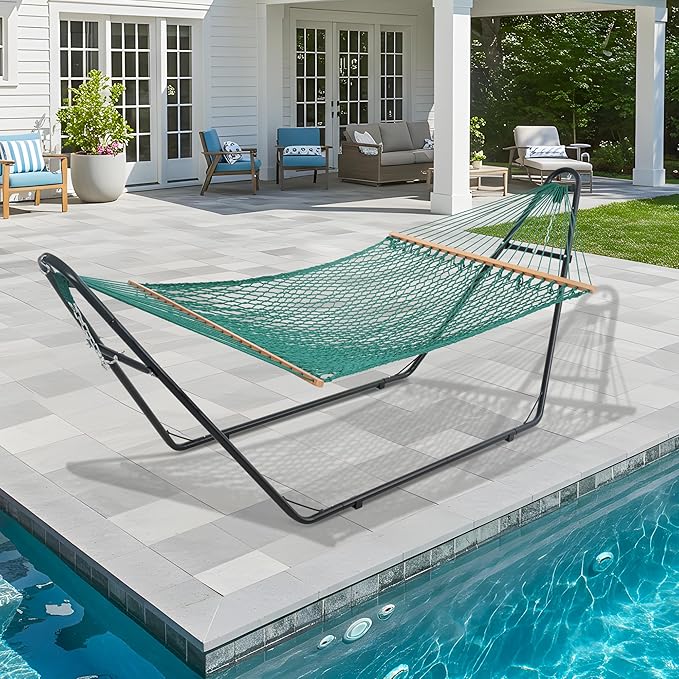 Lazy Daze Hammocks 12FT Double Rope Hammocks, Hand Woven Cotton Hammock with Pillow & Spreader Bar for Outside, Patio, Poolside, FIT 13-15 Foot Stand, Max 450 Lbs, Natural, 141 x 57 inches