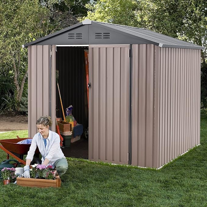 AECOJOY 7' x 7' Metal Storage Shed for Outdoor, Outdoor Storage Shed with Design of Lockable Doors, Utility and Tool Storage for Garden, Backyard, Patio, Outside use.