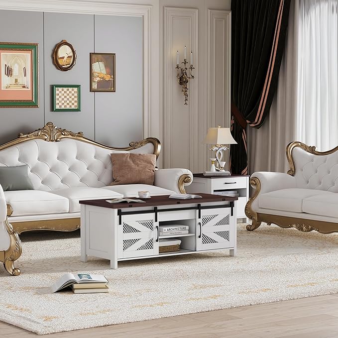 47.2" Lift Top Coffee Table, 4 in 1 Farmhouse Coffee Table with Storage and Sliding Barn Doors, Coffee Tables for Living Room & Dining Room (Milky White)