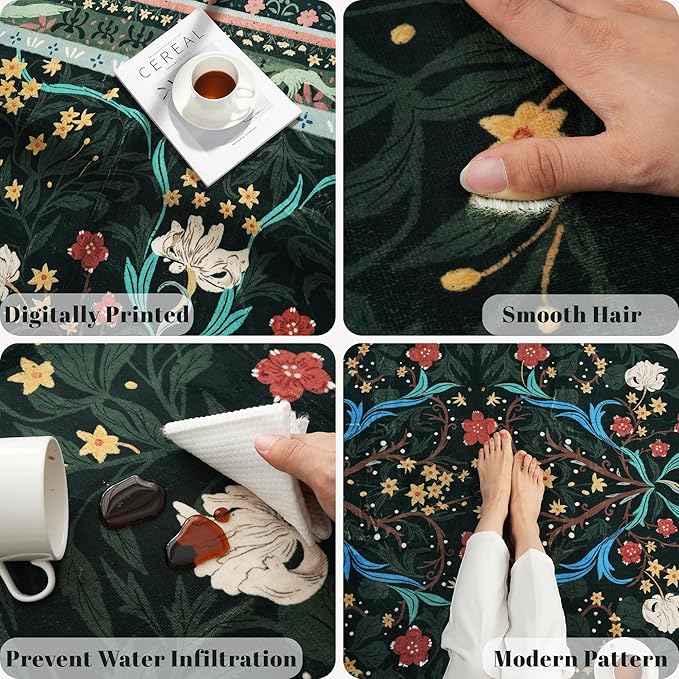 Door Mat Indoor Entrance 2x3 Rug Machine Washable Vintage Floral Botanical Small Area Rug Non-Slip Low Pile Throw Rugs for Entryway, Kitchen, Front Door Entrance, Entry, Kids Room, Green
