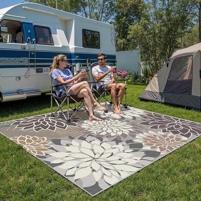 Indoor Outdoor Area Rug Washable Multicolored Patio Rug Tropical Botanical Modern Floral Indoor Outdoor Carpet Brown White Rug Non Slip Non Shedding for Patio, Deck, Backyard, Porch (5x8)