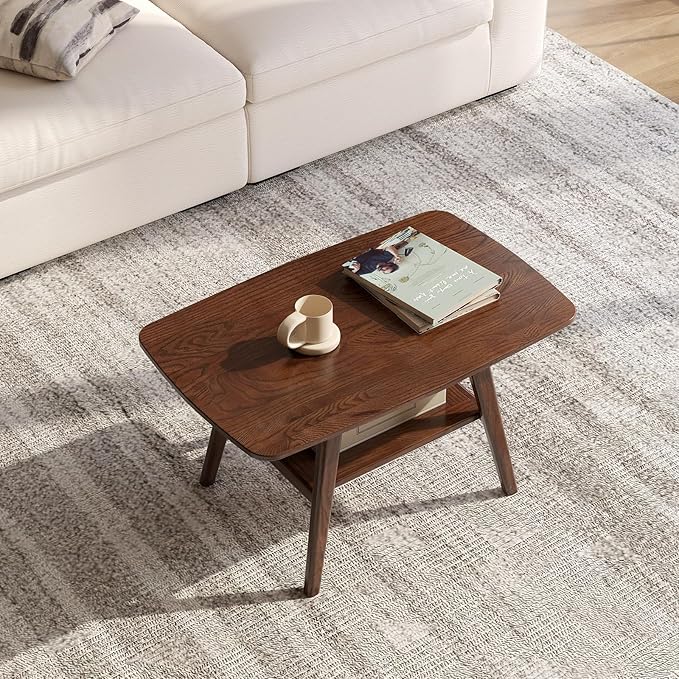 100% Solid Wood Coffee Table for Living Room, 31.5" Mid Century Modern Small Tables with Shelf Storage, Storage Coffee Table with Rounded Corners (Oak Wood Walnut Color, 31.5" L)