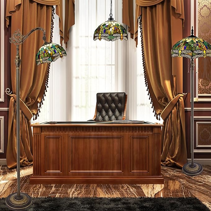 Tiffany Floor Lamp Stained Glass Lamp Standing Reading Light 16x16x70 Inch for Living Room (Amber Yellow Dragonfly)