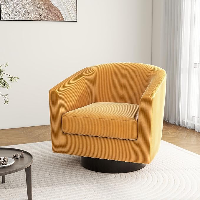 Swivel Barrel Accent Chair, Modern Round Corduroy Fabric Arm Chair for Living Room, Bedroom, Comfy Club Reading Chairs for Adults, Corduroy Orange, Set of 2