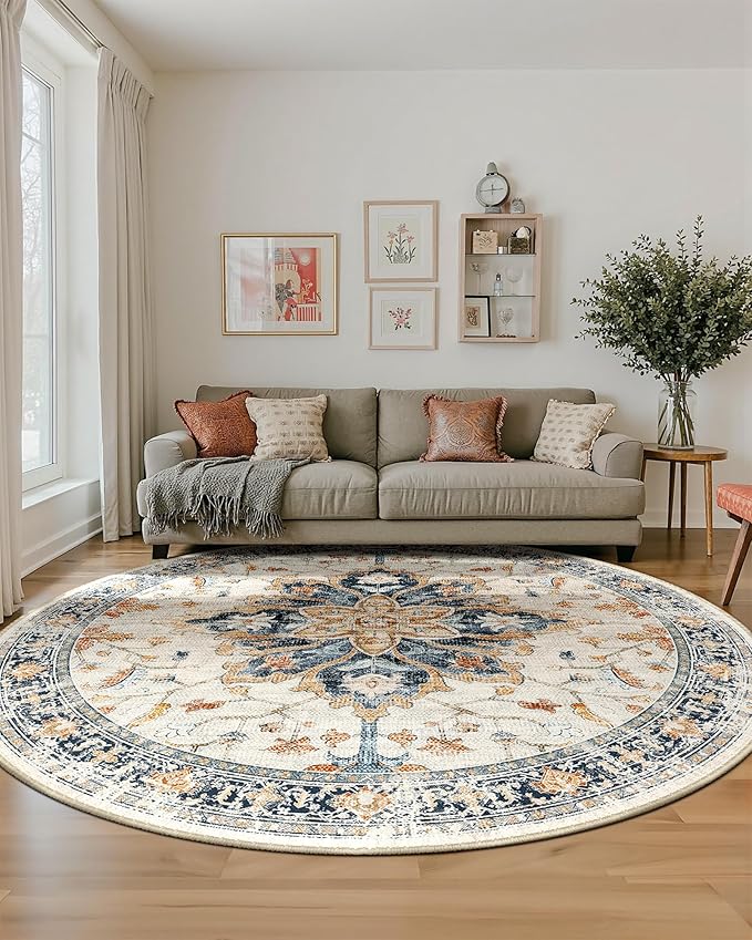 Area Rugs 8ft Washable Non-Slip, Floral Vintage Distress Print Pattern Medallion Carpet for Living Room Bedroom Dining Room, Beige Navy Blue Orange Colorful