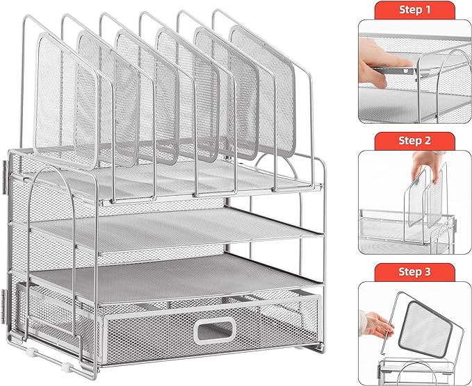 Marbrasse Desk Organizers, 4-Tier Mesh Desk File Organizer with 5 Vertical File Holders and 2 Pen Holders, Multifunction Desktop Organizer,Desk Organizers and Accessories for Home Office (Silver)