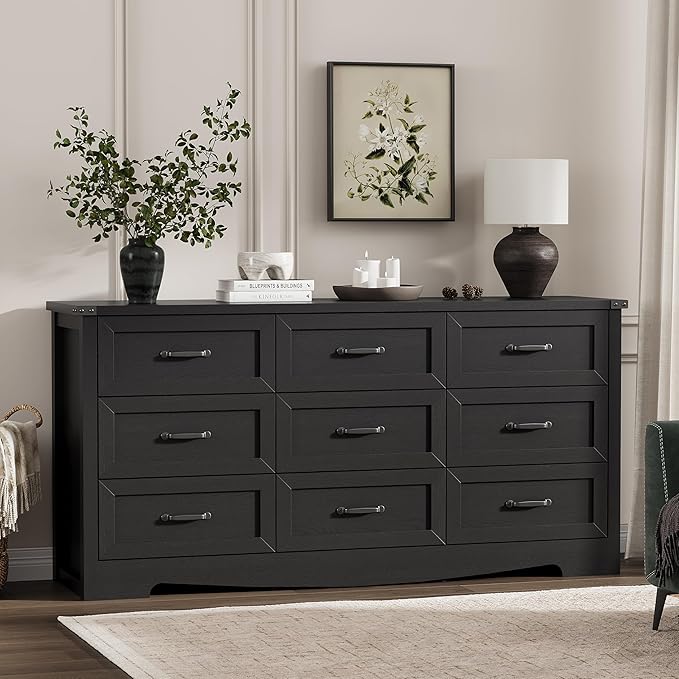 Dresser for Bedroom with 9 Drawers, 59" Wide Wood Chest of Drawers with Deep Drawers & Mental Handle, Modern Dresser TV Stand, Wooden Closet Storage Organizer for Living Room, Hallway, Entryway, Black