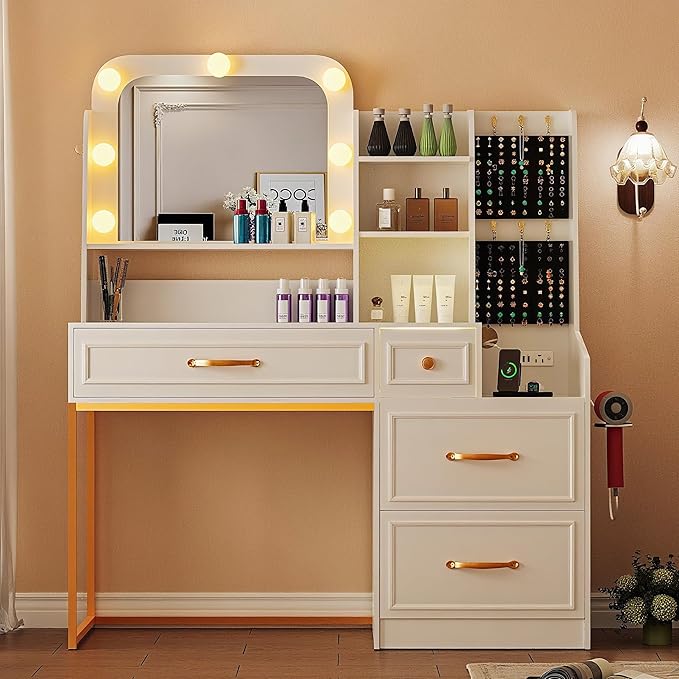 Makeup Vanity Desk with Mirror and Lights,Glass Top Dresser with Charging Station,Vanity Table with Storage and Jewelry Stand,Dressing Table,edroom Makeup Desk for Women,White
