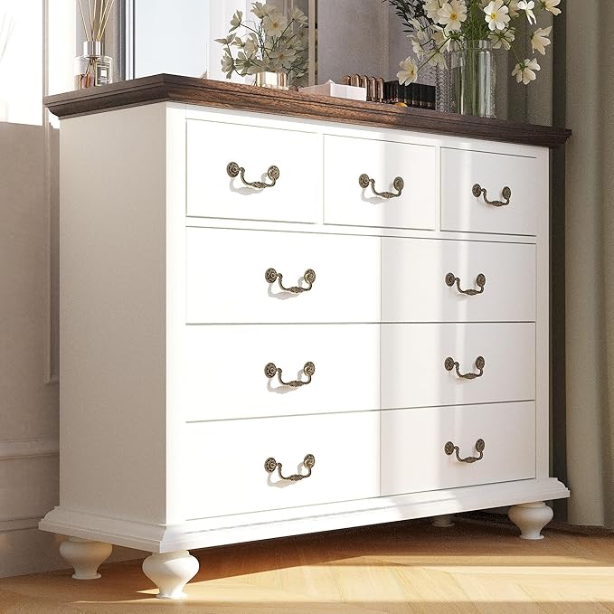 GAOMON 9 Drawers Dresser for Bedroom, Wooden Chest of Drawer with Large Drawers & Metal Handles for Bedroom, Living Room, Hallway, White & Brown