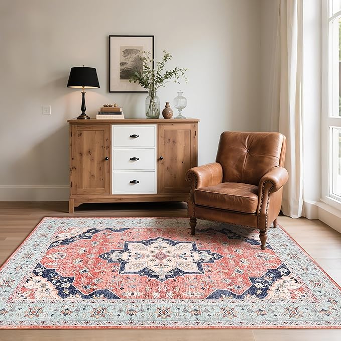 Living Room Rug 6x9 Rug, Machine Washable Area Rug Non Slip Low Pile Vintage Rug for Living Room, Bedroom, Farmhouse, Dining Room, Kids Playroom, Red&Blue