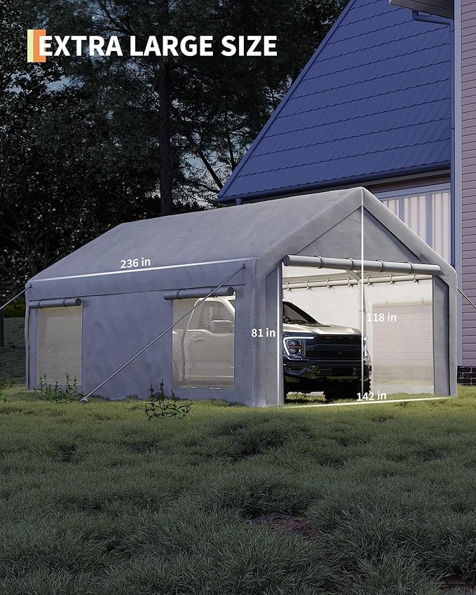 12X20 Ft Carport, Portable Carport with 4 Roll-Up Windows,Doors,Car Port with 200g PE Tarp for Car Boat Truck Motorcycle, Waterproof & UV Protected, Anti-Snow Portable Garage Kit Tent