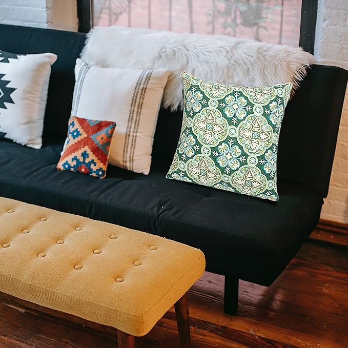 FUNHOME Outdoor Indoor Throw Pillows 18”x18”, Set of 2 Decorative Throw Pillows with Inserts, All Weather Water-Repellent Square Pillows for Bed, Couch, Sofa and Patio Furniture-Green Medal