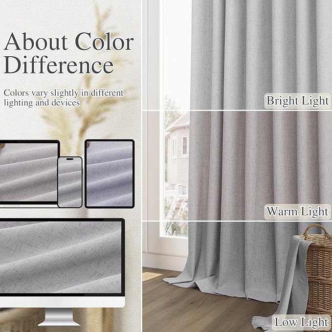 Guken Grey Linen Blackout Curtains 90 Inch Length 2 Panels Set for Living Room Bedroom Back Tab Thermal Insulated 100% Black Out Linen Drapes Room Darkening Window Curtains 90 Inches Long