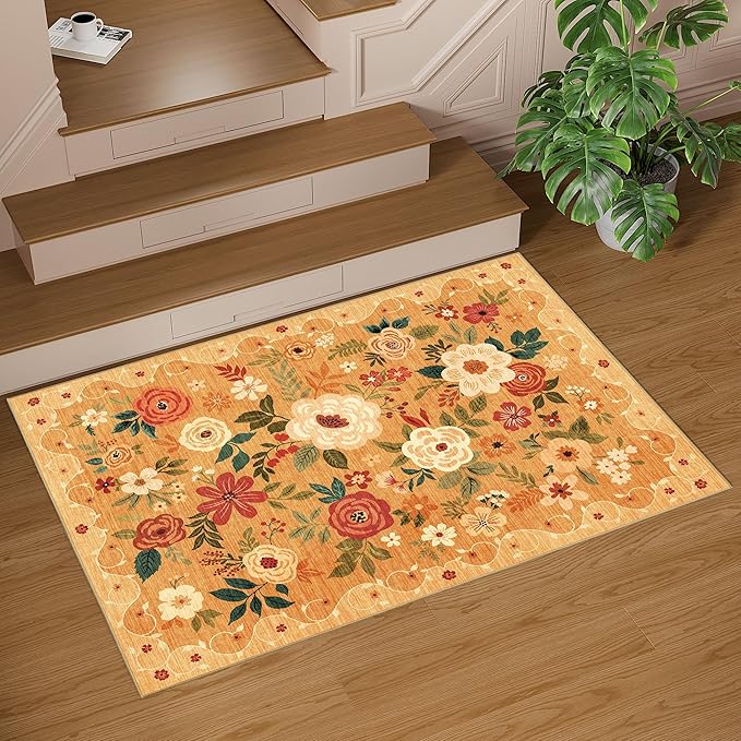 DUKINO 3x5 Area Rug, Floral Rugs for Living Room, Lightweight Non Slip Washable Rug, Indoor Low Pile & Non-Shedding Boho Design Rugs for Bedroom, Living Room, Dining Room, Orange