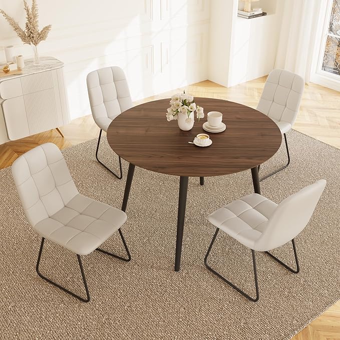 43.3 Inch Round Dining Table Set for 4, Modern Small Kitchen Coffee Set for Dining Room Kitchen Apartment (Walnut Table+4 U-Shaped White Chairs)
