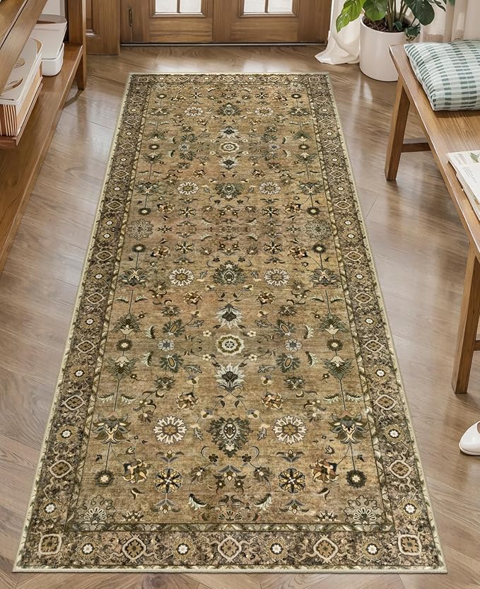 Tangsoo Floral Runner Rug 2x6 Washable Rug for Hallway, Non-Slip Vintage Boho for Entryway Indoor, Brown Print Carpet Runner Rugs, Soft Low Pile Long Runner for Kitchen Bedroom
