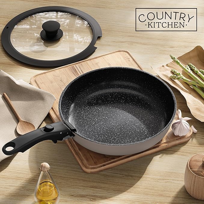 Country Kitchen Cookware Set with Removable Handle, Oven & RV Safe Pots and Pans Set, Grey/Black, Original
