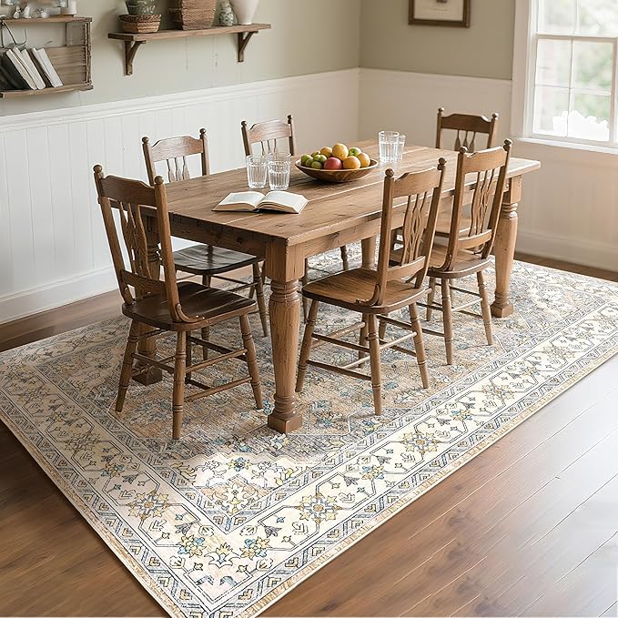8x10 Area Rug for Living Room, Modern Washable Rug Non Slip Low Pile Large Area Rugs for Living Room, Bedroom, Farmhouse, Dining Room,Beige