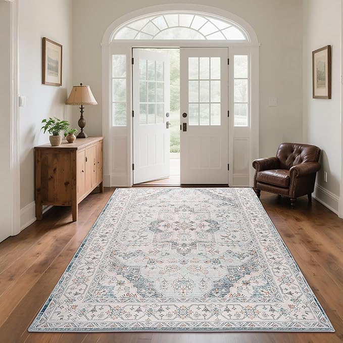 Vintage Area Rug 5x7 Rugs, Machine Washable Rug Non-Slip Low Pile Rug for Living Room, Bedroom, Farmhouse, Dining Room, Blue