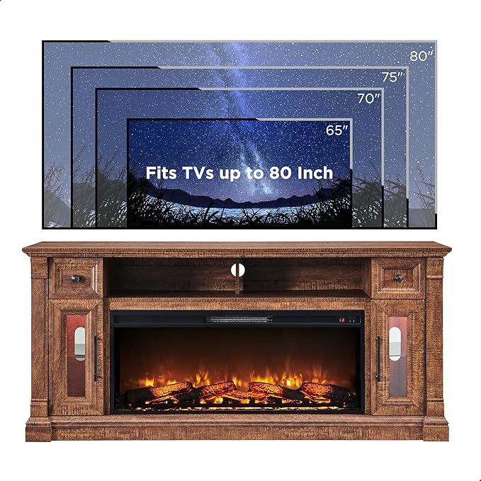 OKD Farmhouse Fireplace TV Stand for 80 Inch TV, Entertainment Center with 42" Fireplace & LED Lights, Modern Media Console Table with Storage Drawers & Cabinets, Reclaimed Barnwood Color