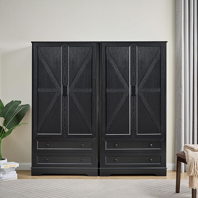 SOOWERY Dresser for Bedroom, Farmhouse Dresser with 2 Wooden Drawers and Storage Cabinets, 71 Inches Tall Chest of Drawers for Bedroom, Living Room, Hallway, Black