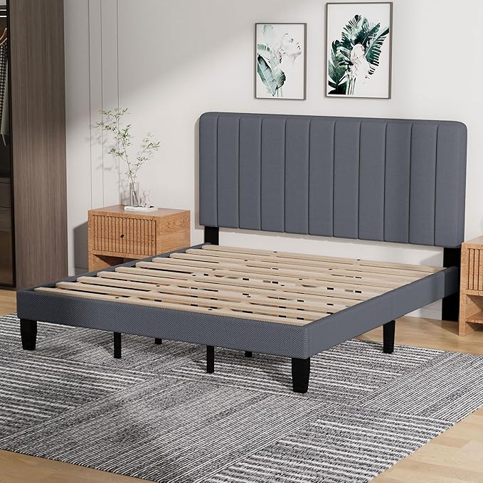 King Size Bed Frame, Upholstered Platform King Bed Frame with Fabric Headboard and Wooden Slats Support,No Box Spring Needed/Non-Slip Without Noise/Easy Assembly, Dark Grey