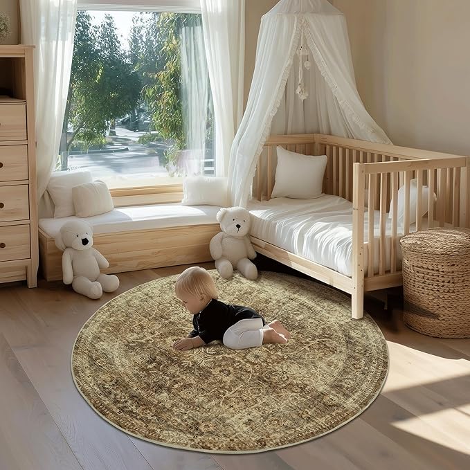 FMFUNCTEX 4ft Round Washable Area Rug Brown Vintage Neutral Distressed Small Non Slip Carpet for Living Room Bedroom Soft Low Pile Indoor Mat Retro Floral Throw Rug for Dining Room Kitchen Office