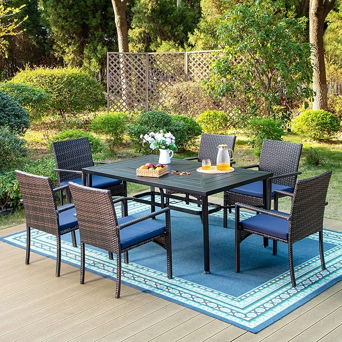 PHI VILLA 7 Piece Outdoor Dining Set for 6, 64" Wrought Iron Dining Table with Umbrella Hole & Cushioned Rattan Chairs for Patio, Yard, Porch, Deck