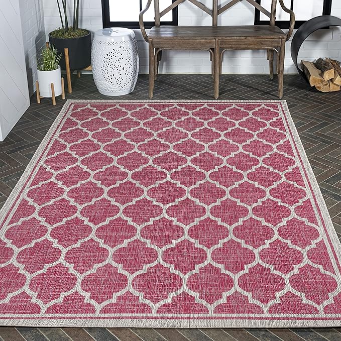 Eyely BMS109H-4 Santa Monica Trebol Moroccan Trellis Textured Weave Indoor/Outdoor Area Rug Coastal;Bohemian, Bedroom, Backyard, Patio, Easy-Cleaning, Non-Shedding, 4 X 6, Fuchsia/Light Gray