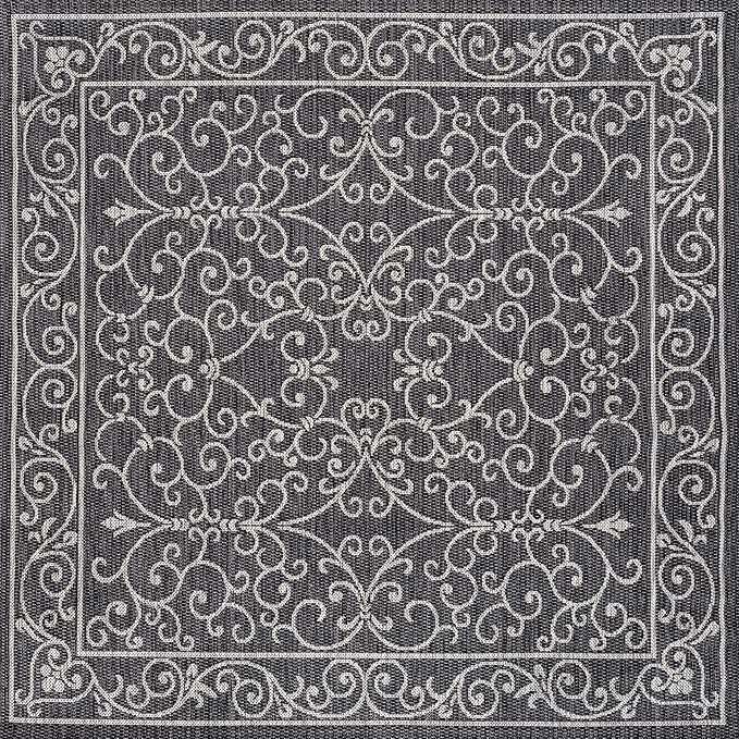 JONATHAN Y SMB106G-5SQ Charleston Vintage Filigree Textured Weave Black/Gray 5' Square Indoor/Outdoor Area Rug, Pet Friendly, Non-Shedding, Stain Resistant, Easy-Cleaning for Backyard, Patio, Porch
