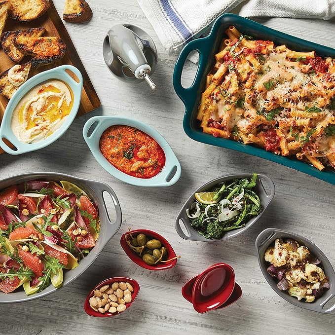 Rachael Ray Solid Glaze Ceramics Au Gratin Bakeware / Baker Set, Oval - 2 Piece, Red