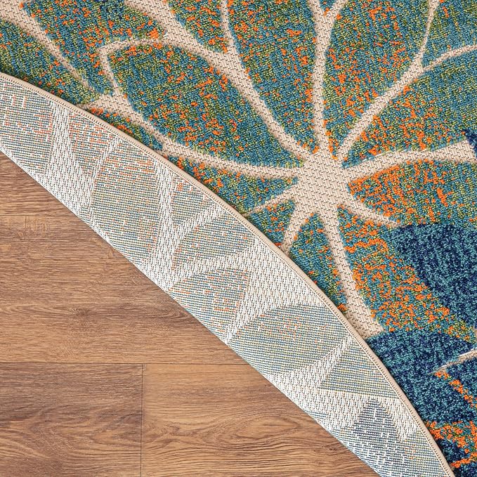 Nourison Home Aloha Tropical Blue Green 5'3" x Round Area -rug, Easy -cleaning, Non Shedding, Bed Room, Living Room, Dining Room, Kitchen (5 Round)