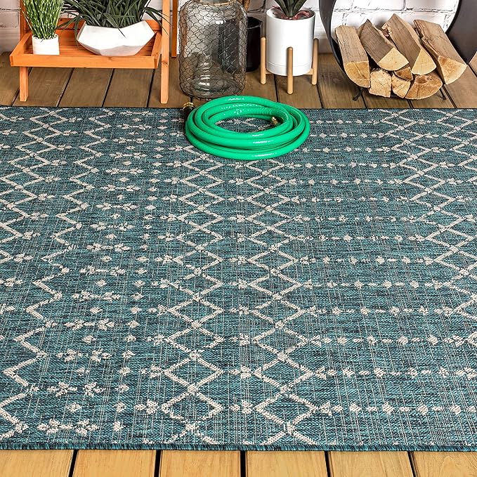 JONATHAN Y Moroccan Geometric Indoor Outdoor Area Rug 3X5 Teal/Gray, Ourika Textured Weave for Backyard, Patio, Porch, Easy-Cleaning, High Traffic, Pet-Friendly, Non-Shedding (SMB108C-3)